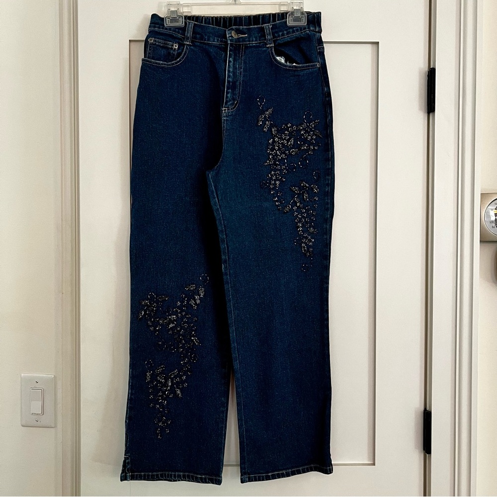 Quacker Factory Dark Blue Straight Leg Jeans with navy blue bead Embellishments